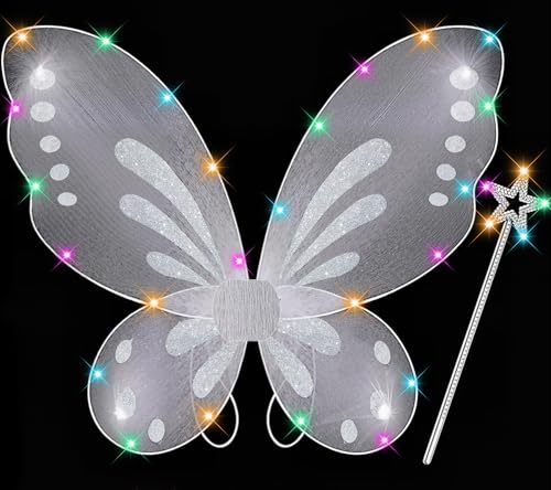 DUDUCOFU Girls Fairy Butterfly Wings with LED Light Fairy Wings Light Up Star Wands for Girls Kids Women Halloween Dress Up (White)