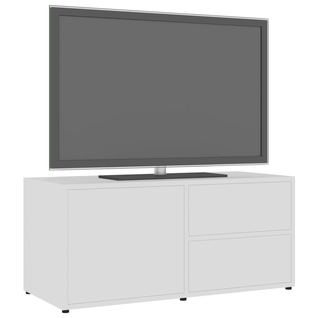 TV-Unterbau TV-Schrank Weiß 80x34x36 cm mit 2 Schubladen und 1 Fach mit Tür aus Holzwerkstoff, robuster TV-Seitentisch für Aufbewahrung von Zeitschriften und DVDs, einfach