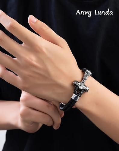 Viking Thors Hammer Mens Bracelet, 14K Black/White Gold Plated Braided Leather Cuff, 316L Stainless Steel Jewelry for Father Husband Son Friend2