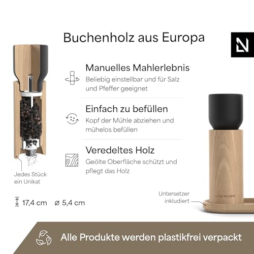 LARS NYSØM Salz und Pfeffermühle Holz Set - Manuelle Mühlen Keramikmahlwerk – Ansicht 4