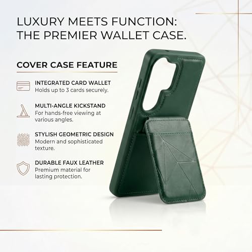 Image of amazon basics Premium Vegan Leather Back Cover with Card Holder and Integrated Mobile Stand for Samsung Galaxy S26 Ultra 5G - Slim Shockproof Wallet Case with Geometric Stitching [Green]