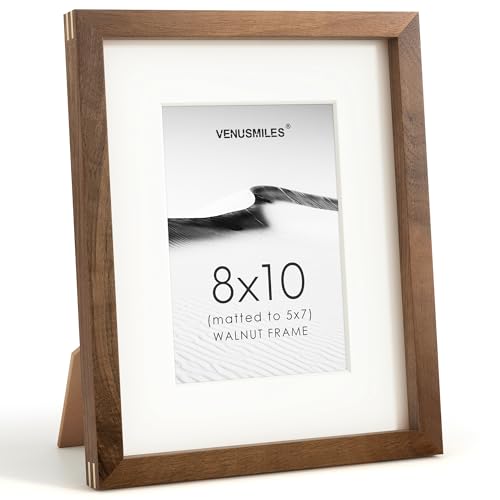 Image of 8x10 Picture Frame, USA-Sourced Natural Walnut Wood Photo Collage Frame with HD Tempered Glass, Modern Simple 8 x 10 Wooden Frame Matted to 5x7, Gallery Wall Frames for Art, Wall or Tabletop Display