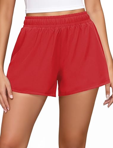 FireSwan Athletic Shorts for Women 2 in 1 High Waisted Quick Dry Running Workout Gym Active with Pockets Red Medium