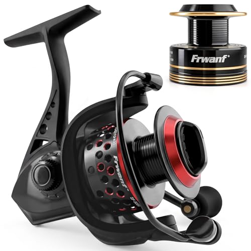 Frwanf FRWANF-SF Carrete de Pesca Spinning Ligero con Doble Bobina de Aluminio, Relación de Engranajes 5.2:1, Freno Máximo 39.7 lb, Cuerpo de Nylon y Fibra de Vidrio Resistente al Agua Salada Rojo y Dorado