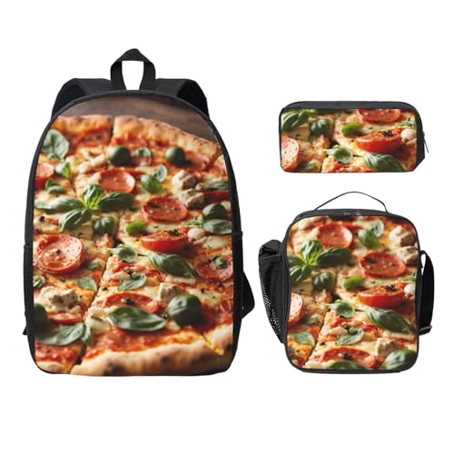 Sac à dos 3D pizza avec trousse à déjeuner ensemble scolaire 3 pièces noir