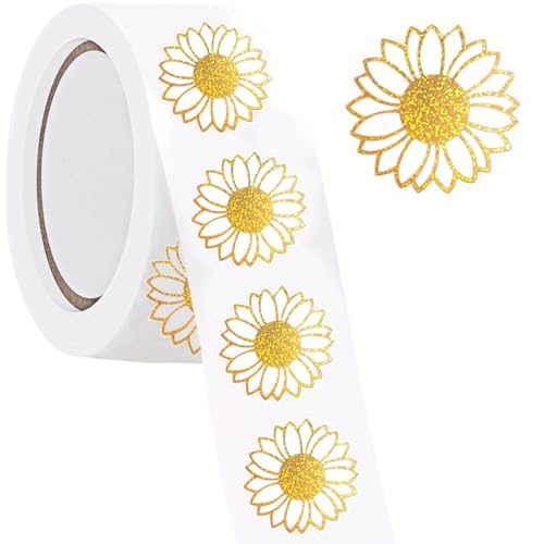 500 Pcs Sunflower Roll Stickers Foil Golden Flower Stickers Clear Self Adhesive Round Labels for Gift Wrapping Envelope Seals Packaging Party Decoration