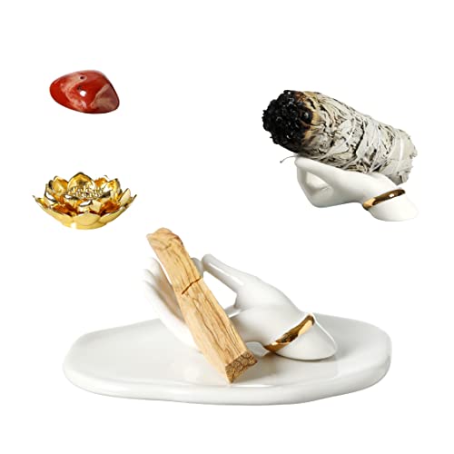Handmade Mudras Palo Santo Holder, Ceramic Incense Holder For Palo Santo Sticks And Sage Sticks, Red Crystal Stone To Meditation, Yoga Sacred Decor #TOP5