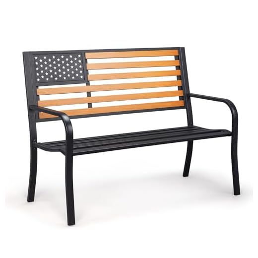 VINGLI Outdoor Metal Bench, 50in Weatherproof Garden Bench w/American Flag Style, 2-Person Sturdy Steel Patio Bench for Front Porch Yard Park