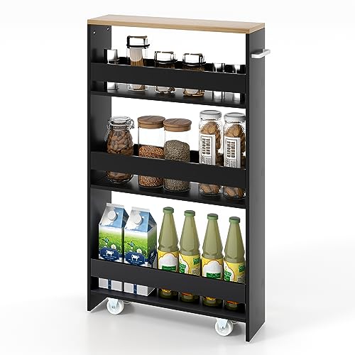 KOMFOTTEU Carrito de Cocina de 4 Niveles, Carro Auxiliar Estrecho con Ruedas, Estante Nicho con Asa, Mueble de Almacenaje Ahorra Espacio para Cocina, Baño, Oficina, 47,5x13x80,5cm (Negro y Natural)
