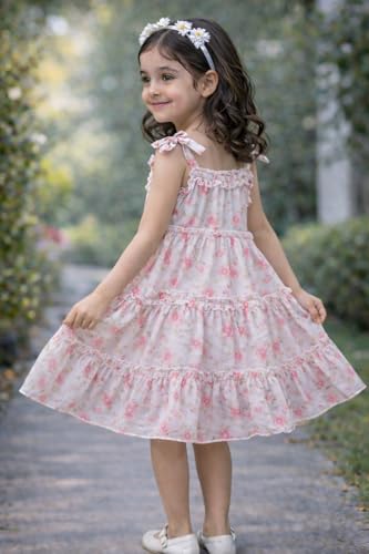 Image of Buy & Try Girls Printed Georgette Frock, Sleeveless Summer Dress, Lightweight Knee Length Baby Girl Dress, Casual Outfit, Soft Comfortable Fabric, Stylish Kids Wear