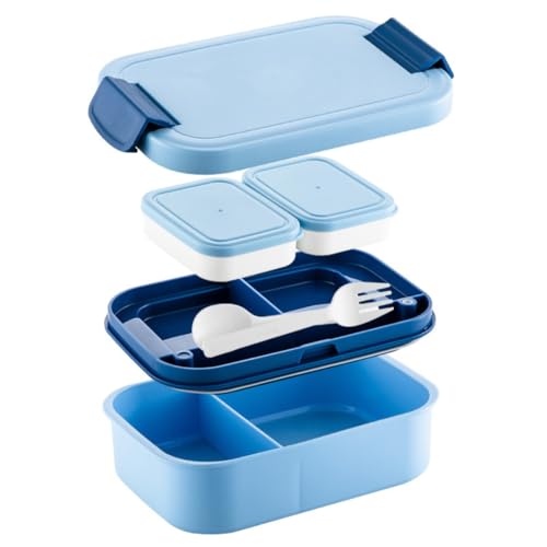 Image of YELONA Lunch Box for Office & Kids 1900ML | Double Layer Leakproof Bento Box with 5 Compartments | Microwave Safe, Built-in Spoon & Fork, BPA Free Tiffin Box - Blue
