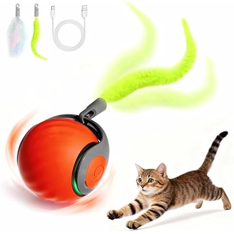 Kinizuxi Interactive Cat Toys for Indoor Cats, Rechargeable Moving Cat Ball with Feather Tail, 2 Speeds Automatic Kitten Toys for Bored Indoor Cats,Motion Activated Rolling Ball Toys (Orange) Cover