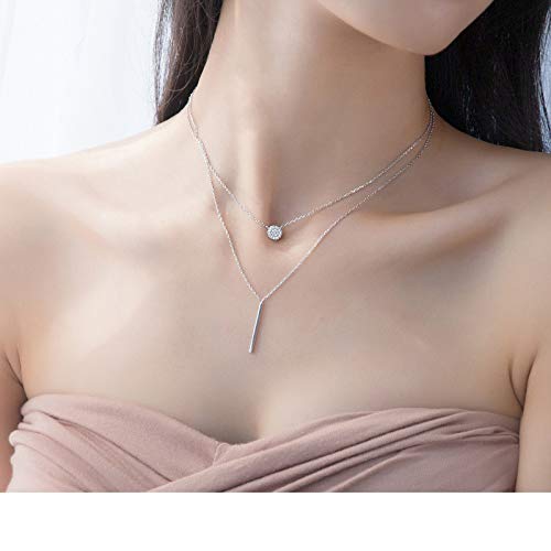 Gargantilla con barra redonda de circonio geométrico multicapa para mujer, collar con colgante, joya de cadena de plata de ley 925