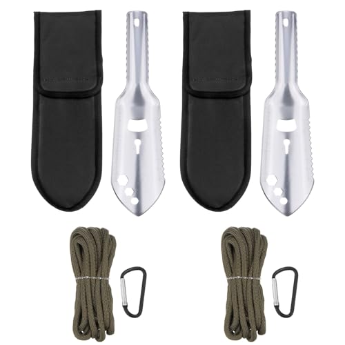 HARFINGTON 2pcs Multifunctional Camping Shovel 7 in 1 Multi-Purpose Backpacking Shovels with Carrying Bag and Paracord for Outdoor Camping Hiking, Silver Khaki