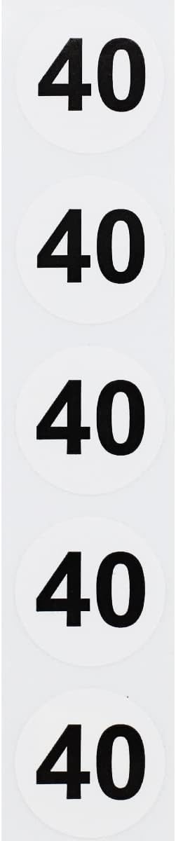 White with Black Number 40 Circle Dot Stickers, 3/4 Inch Round, 500 Labels on a Roll for Organization and Inventory - Semi-Gloss Finish - Made in the USA