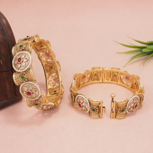 Image of Women's Traditional Bangles | Antique Gold-Plated with Kundan & Pearl Accents | Indian Ethnic Jewelry