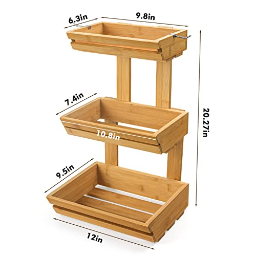 Bamboo Fruit Basket For Kitchen, 3 Tier Fruit Basket For Counter, Fruit Stand Holder For Fruit And Vegetable Storage, Fruit Bowl With Banana Hanger For Countertop (Easily Assemble) #TOP6