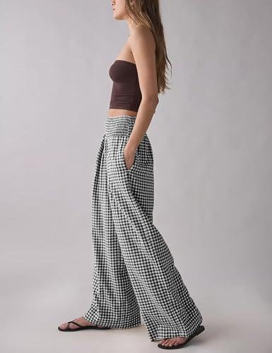Qiaomai Women Casual Plaid Pants Elastic High Waist Wide Leg Lounge Pants Loose Trousers4