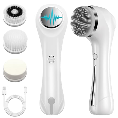 Cepillo de Limpiador Facial Eléctrico, Limpieza Facial, Masaje por Vibración y Calor 3 en 1 Cepillo de Limpieza Facial con 4 Cabezales，Resistente al agua IPX7 Adecuado para Todo Tipo de Piel