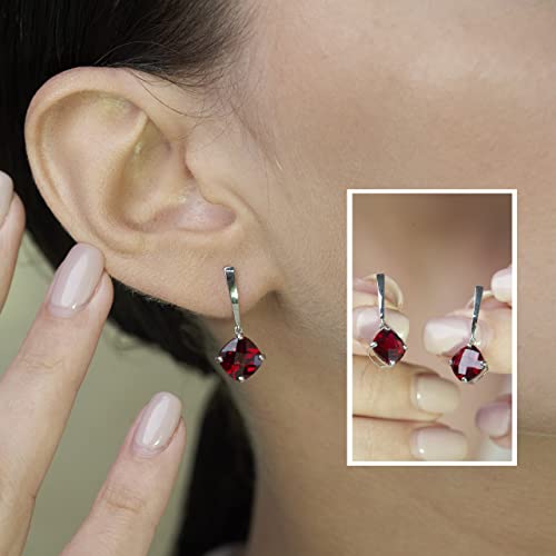 14K White Gold Solitaire Cushion Cut Created Red Ruby Drop Dangle Earrings For Women 8Mm July Birthstone With Push Backs By Max + Stone #TOP1