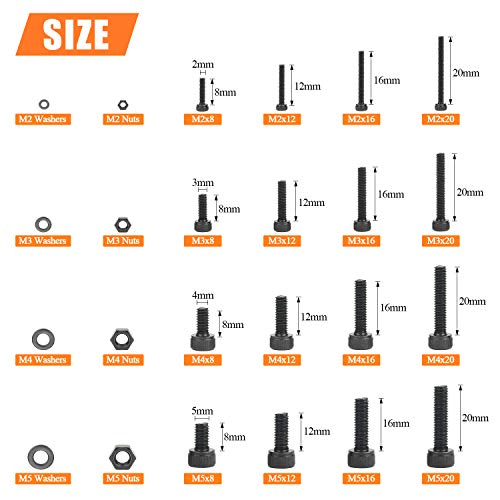 Helifouner 1280 Pieces Socket Head Cap Screw Bolts, Flat Washers And Nuts Assortment Kit, 12.9 Grade Alloy Steel, Full Thread (M2 M3 M4 M5) #TOP2