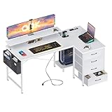 ODK Escritorio Esquinero con Puerto de Carga USB y Toma de Corriente, Mesa de Ordenador en Forma de L con 4 Cajón, Escritorio de Esquina Gaming con Soporte Monitor para Hogar, Oficina, 140x80x84.7cm