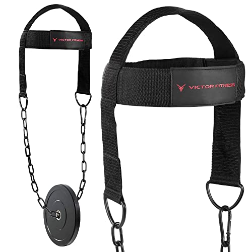 Victor Fitness Neck Harness for Weight Training | Neck Exerciser Equipment for Lifting & Head Lifting Harness | Adjustable Heavy Duty Neck Trainer Strap with Steel Chain & D Rings
