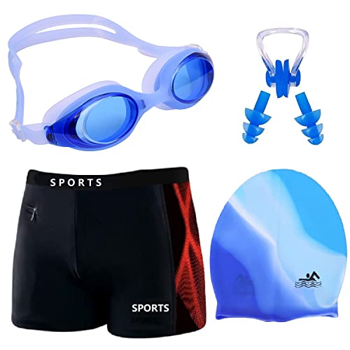 Image of Premium Boy Men's Swimming Kit with 1 Swimming Costume Shorts Trunk 1 Anti Fog Swimming Goggles 1 Silicone Swimming Cap 1 Nose Clip 2 Ear Plugs