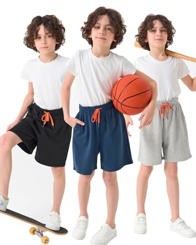 SOIBEEN Pantaloni da jogging per bambini, confezione da 3 pezzi, con tasca e cordino, per bambini, sportivi, da jogging, da uomo, taglia 4-14 anni, Pantaloncini-nero, blu, grigio, 9-10 Jahre