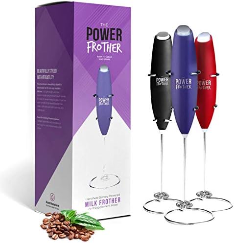Milk Frother - Purple Power Frother by Omega PowerCreamer - Ultra Durable Electric Handheld - Battery Operated for Coffee, Protein Powder, Collagen, Pre-Workout - Quiet & High Powered - Stand Included