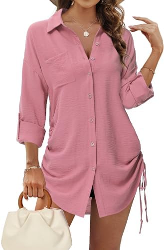 Tanmolo Bluse Damen Longbluse Langarm Hemdbluse Tunika | Kordelzug, Knopfleiste, Krempelärmel, Lässiges Longshirt, Ideal für Alltag, Urlaub und als Cover-up