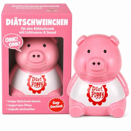 MIJOMA Świnka dietetyczna "Diet Piggy" – gadżet do lodówki z czujnikiem światła i dźwiękiem – zabawna motywacja podczas odchudzania – elektroniczna świnka z tworzywa sztucznego, ok. 10 cm