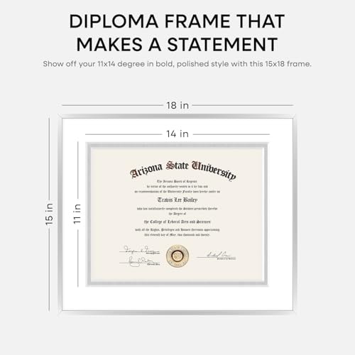 Image of Homeforia 15x18 Diploma Frame Silver, High End Metal 15 x 18 Certificate Frame with Mat for 11 x 14, 15by18 Document Frame Matted to 11x14, Graduation Degree Frames, Tempered Glass, Wall Kit, Set of 3
