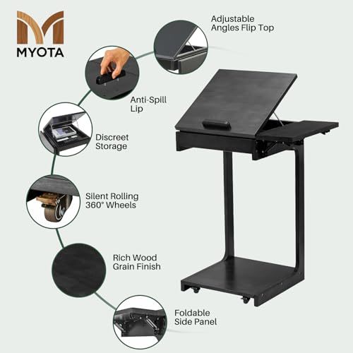 C-Shaped Wood End Table with Wheels - Rolling Wooden Small Side Bedside Table for Couch with Storage Drawer, Modern Adjustable Angles Tv Tray Sofa Tables Living Room, Black, 15.7"D x 15.7"W x 29.5"H — view 4