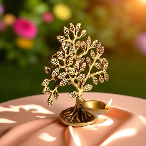 Image of Brass Kalpavriksha Tree with Diya in Antique Brass Finish | Tree of Life Showpiece for Home Decor, Feng Shui | Good Luck Gift for Office, House Warming, Temple | H : 5.75 in, W : 480 Grams