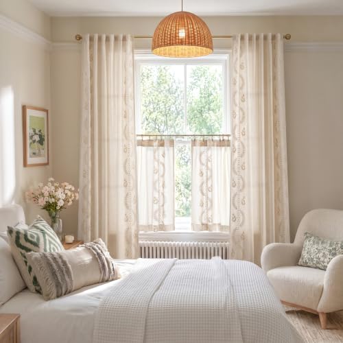Image of jinchan Beige Floral Linen Kitchen Tier Curtains 36 Inch, 2 Panels
