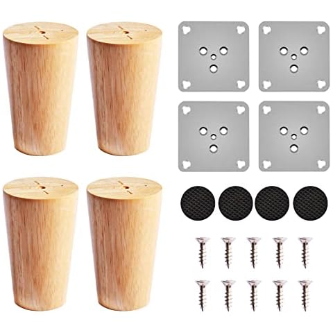 4 Pack Wooden Furniture Legs, 8cm Furniture Feet, Replacement Solid Wooden Sofa Legs, Straight Cone Chair Leg with 4pcs Felt Fiber Pads,4pcs Mounting Plate and Screws For Couch Table Dresser Bed Legs Cover
