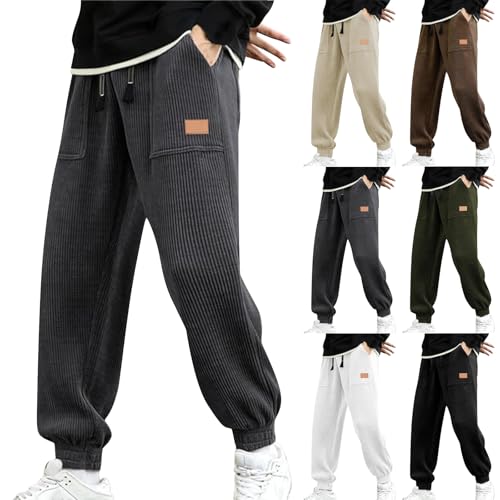 Mens Corduroy Pants Vintage Casual Drawstring Waist Baggy Jogger Sweatpants Tapered Work Chino Pants with Pockets