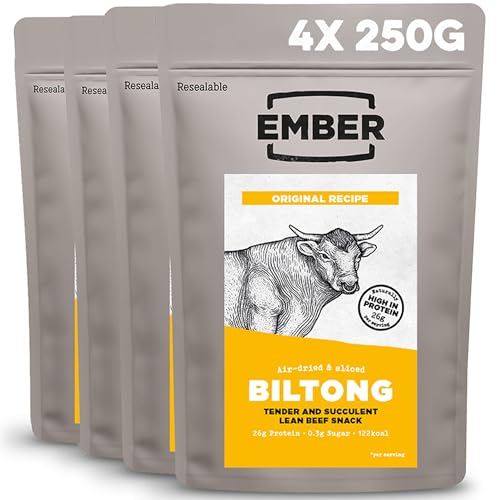 Ember Biltong de Ternera Original 1 kg - Carne Seca Beef Jerky Rica en Proteinas - Baja en Grasa, Sin Azúcar Añadido, Keto - 4 Bolsas Resellables de 250 g (El embalaje puede variar)