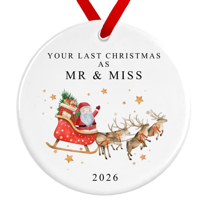 Last Christmas as Mr & Miss Bauble | Santa Sleigh Reindeers Ceramic Engaged Decoration | Christmas Engagement Ornament Gift (D1 Your - Red Ribbon)