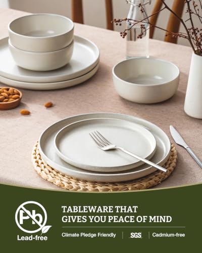 Image of Famiware Milkyway Plates and Bowls Sets, 12 Pieces Dinnerware Sets, Reactive Glaze Dish Set, Stoneware Dishes Set for 4, Matte Beige White