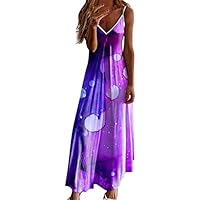 Vestido Largo Elegantes Sin Mangas para Mujer, Fiesta de Verano Vestidos Maxi Partido Playa de Informal Sueltos Falda con Cuello en V y Bolsillos Estampado de Moda Retro Talla Grande(G Púrpura,L)