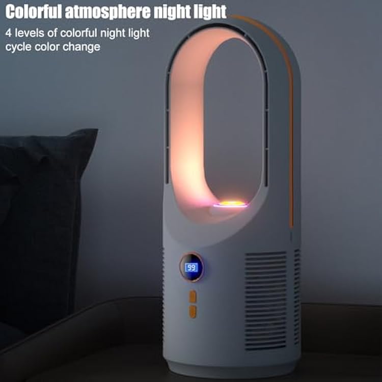 Desk Fan Bladeless, 12.6 Inch Small Quiet Bladeless Table Fan with 5 Speeds & 4 Lights, USB Rechargeable with 1800mAh Battery, Ideal for Offices, Bedroom