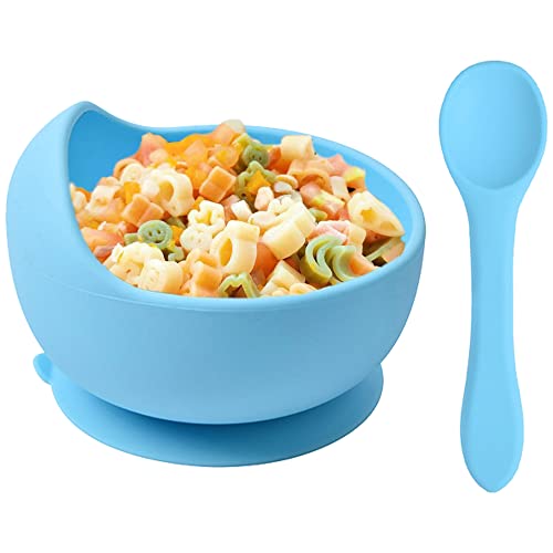 Delven Juego de cuencos de silicona para bebés, juego de cuencos de destete para niños pequeños, azul con succión, sin BPA, juego de cubiertos para niños pequeños, apto para microondas y lavavajillas