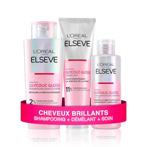 L'Oréal Paris - Routine Capillaire Complète pour Cheveux Ternes - Shampooing + Démêlant + Soin Lamination - Acide Glycolique - Sans Sulfates - Elseve Glycolic Gloss...