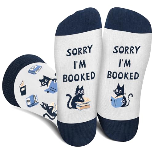 Funny Book Socks for Men Women Book Lovers -SORRY I'M BOOKED Funky Crazy Silly Novelty Cool Reading Cats Socks -Fun Cat Lovers Reader Teacher Birthday Valentines Christmas Gift Ideas Stocking Stuffers