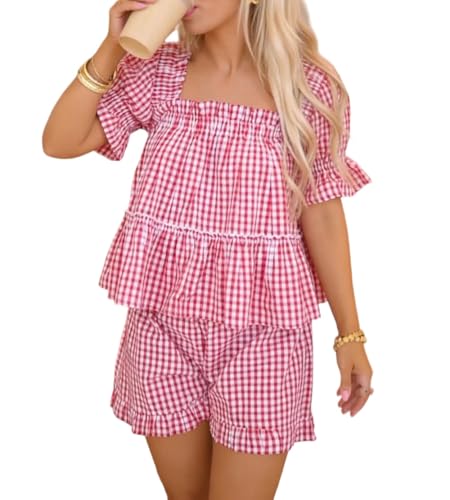 Image of ROAONOCOMO Women Floral Pajama Set Ruffle Puff Sleeve Peplum Shirt Coquette Pj Set Bow Babydoll 2 Piece Shorts Outfit