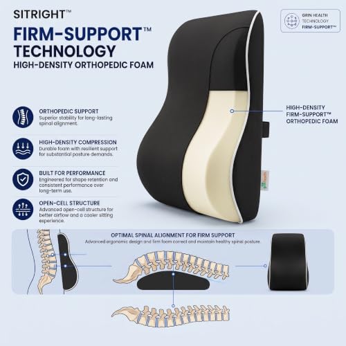 Image of Grin Health SitRight Backrest Cushion with Full Lumbar Support for Office Chair | High-Density Ortho Responsive Memory Foam | Orthopedic Lumbar Back Rest for Back Pain Relief - Ergonomic Chair Cushion