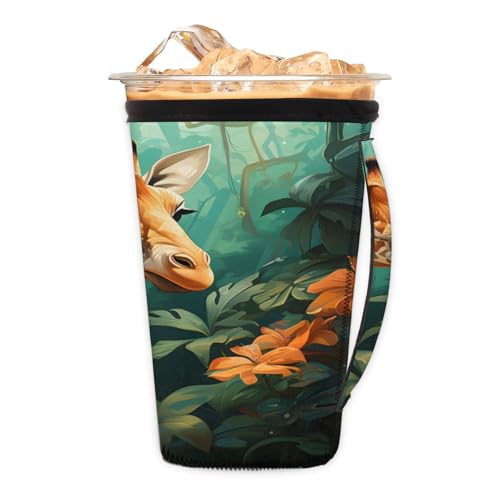 Forest Giraffe Reusable Neoprene Coffee Sleeve with Handle Insulated Iced Coffee Cup Holder Reduces Condensation Fits 24-28 oz Cups M