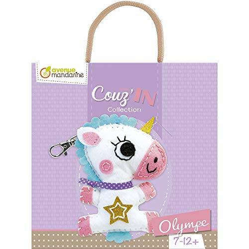 Avenue Mandarine KC089C - Une boite Mini Couz'in comprenant une figurine en feutrine 7x3x18 cm, fil, aiguille et accessoires, Olympe la licorne